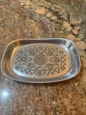 Decorative Silver Metal Tray with Etched Sun Motif
